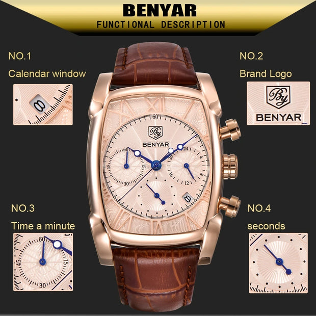 Benyar 5113 – Montre Homme Rectangulaire Chronographe Cuir