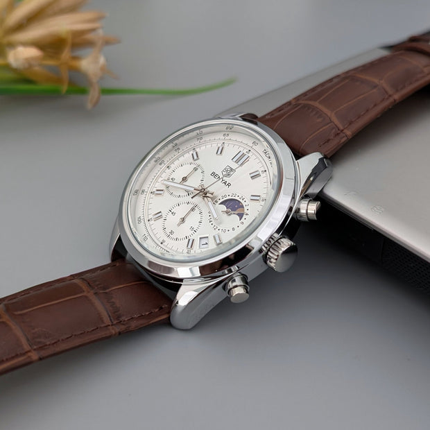 Benyar 5193 – Montre Homme Chronographe Cuir Luxe Argent